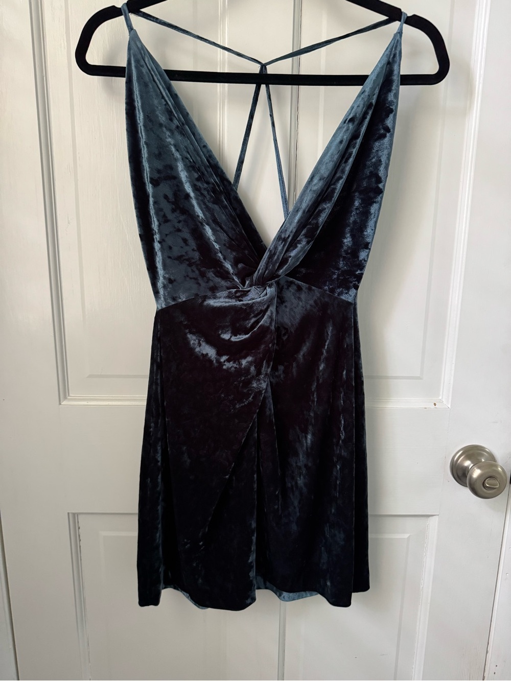 Velvet Strappy V-Neck Dress in Slate Blue